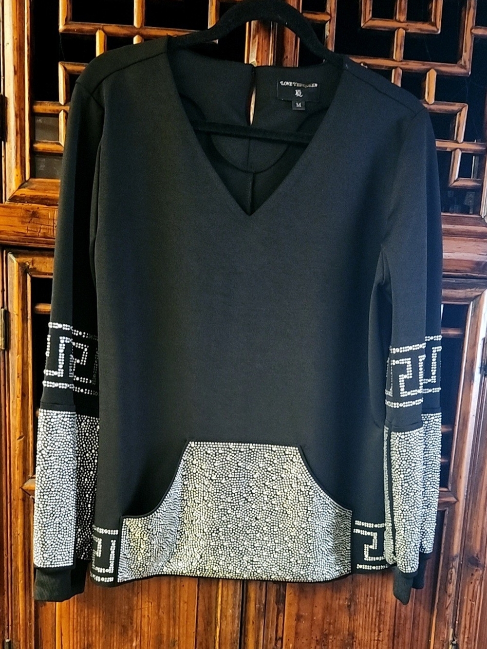Love The Queen Black V-Neck Pullover with Crystal Studded Embellishments